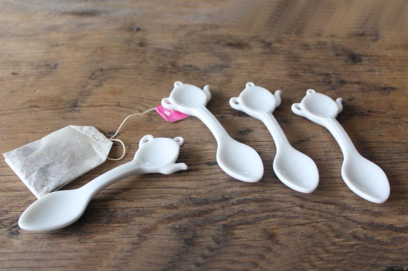 set of vintage teaspoons, Alice in Wonderland style tiny china spoons w/ teapot handles
