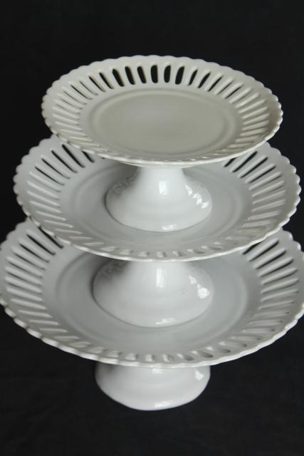 set pure white china cake stands, modern ironstone dessert pedestal plates graduated sizes