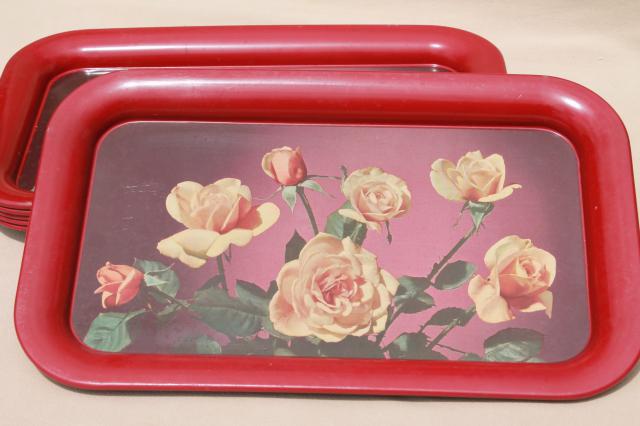 set vintage metal trays w/ rose bouquets, retro 40s 50s tinted photo print
