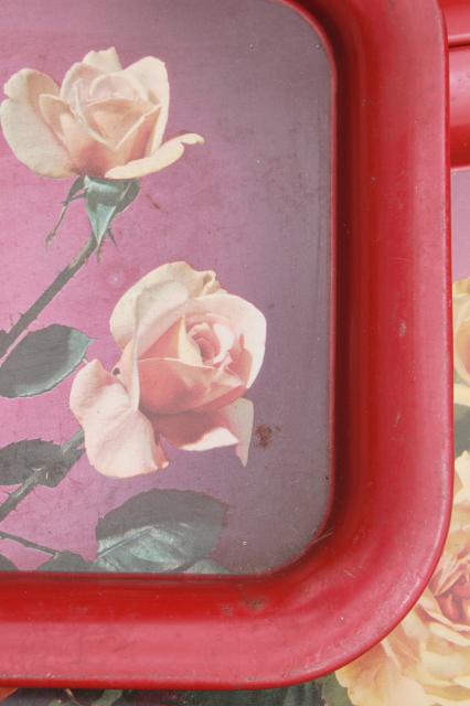 set vintage metal trays w/ rose bouquets, retro 40s 50s tinted photo print