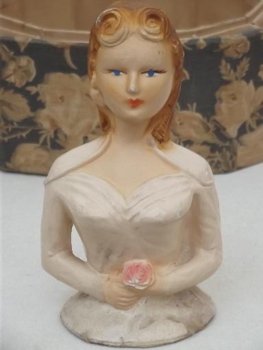 shabby 1940s bed doll sewing box, vintage sewing box w/ chalkware doll top