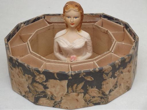 shabby 1940s bed doll sewing box, vintage sewing box w/ chalkware doll top