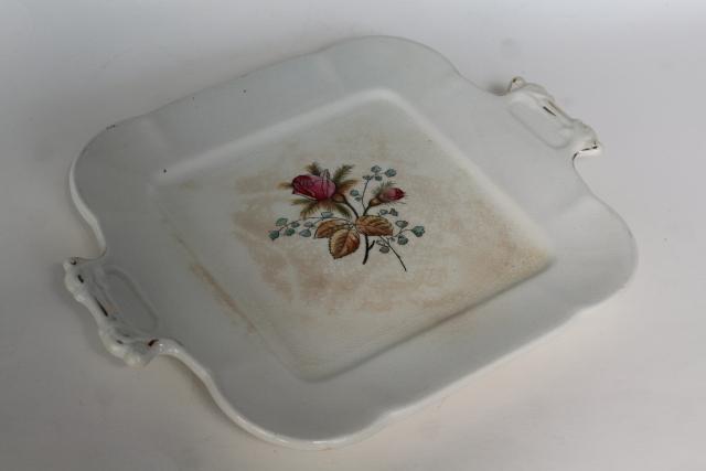 shabby antique English ironstone moss rose Fenton pattern square cake plate or tray