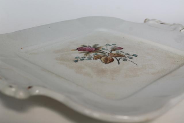 shabby antique English ironstone moss rose Fenton pattern square cake plate or tray