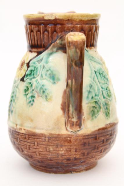 shabby antique Etruscan majolica milk jug or cream pitcher, wild rose