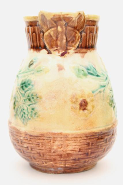 shabby antique Etruscan majolica milk jug or cream pitcher, wild rose