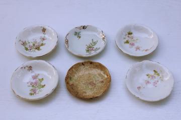 shabby antique china butter pat plates, browned stained ironstone, vintage florals