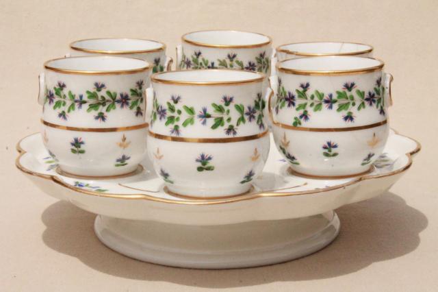 shabby antique china pots de creme or egg coddler cups, painted porcelain cups & tray
