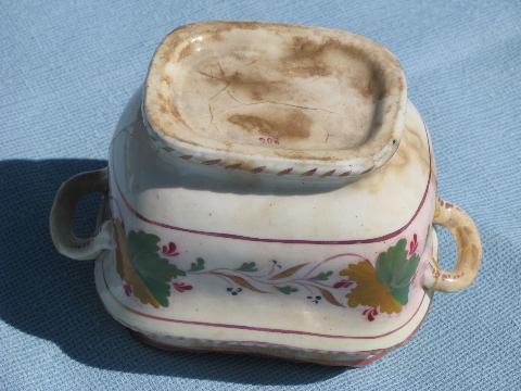 shabby antique copper luster china cube sugar bowl, mid 19th century