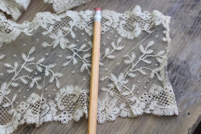 shabby antique ecru silk lace flounce, wide lace edging, 1800s vintage French lace