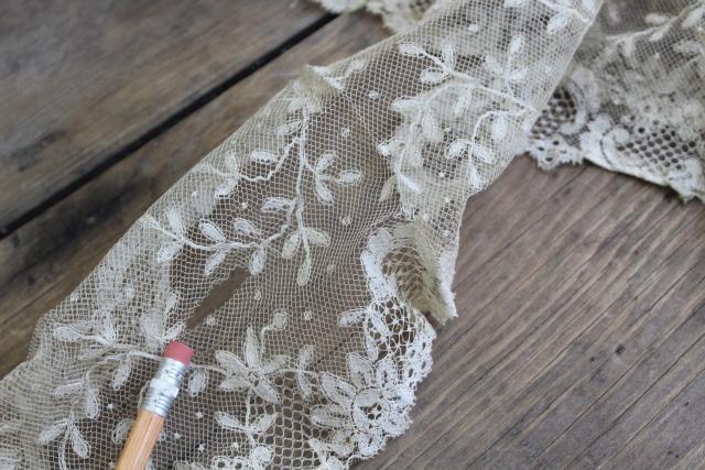 shabby antique ecru silk lace flounce, wide lace edging, 1800s vintage French lace