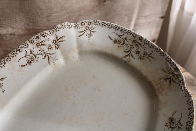 shabby antique ironstone china turkey platter, Columbia aesthetic brown transferware