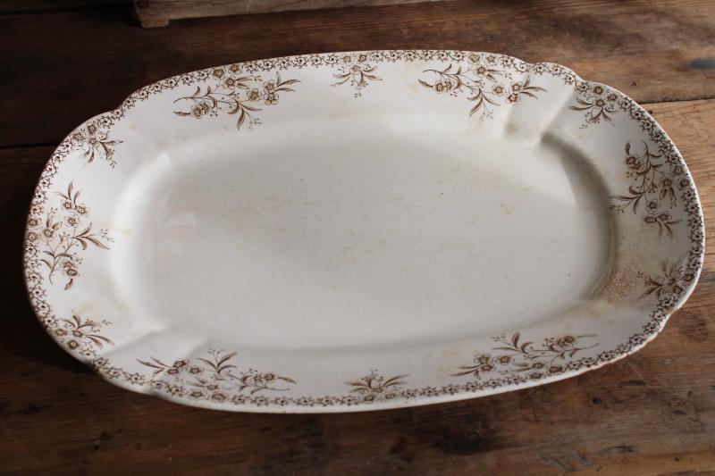shabby antique ironstone china turkey platter, Columbia aesthetic brown transferware