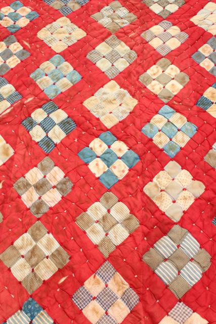 shabby antique red white blue patchwork quilts w/ 1800s print calico, shirting fabrics