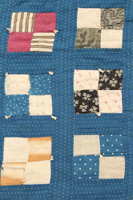 shabby antique red white blue patchwork quilts w/ 1800s print calico, shirting fabrics