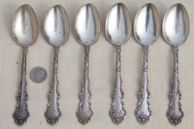 shabby antique silver plate spoons, mismatched vintage silverware Lafayette & Lenora patterns