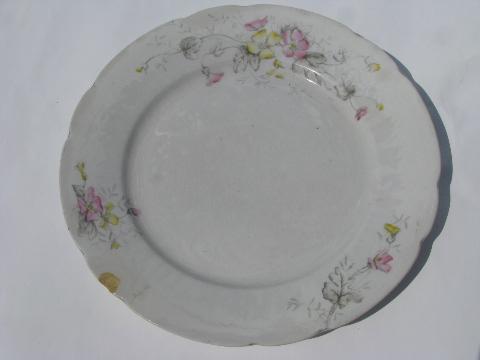 shabby antique transferware ironstone china plates, pink & yellow flowers