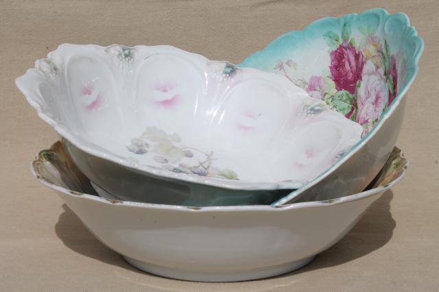 shabby antique vintage china serving dishes, large salad bowls w/ flowers & fruit