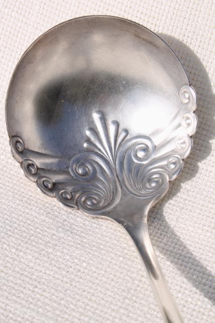shabby antique vintage silver soup ladle or serving spoon, tarnished silverplate w/ monogram