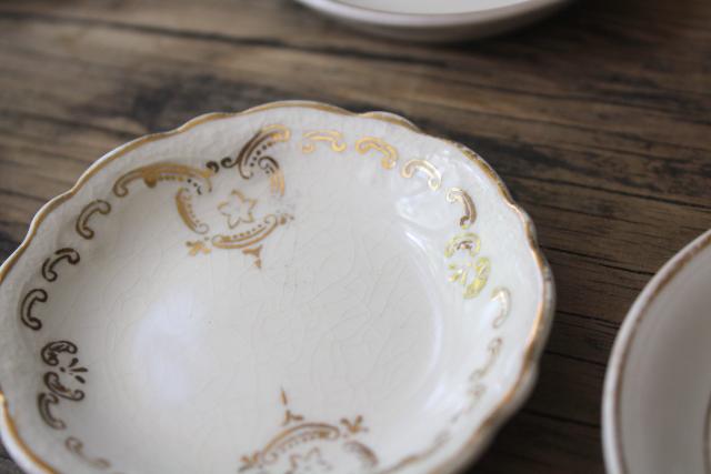shabby antique white china butter pats w/ worn gold, collection of tiny plates different patterns