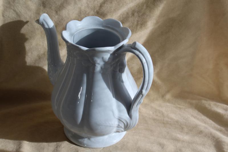 shabby antique white china teapot, wheat & bramble berry embossed ironstone