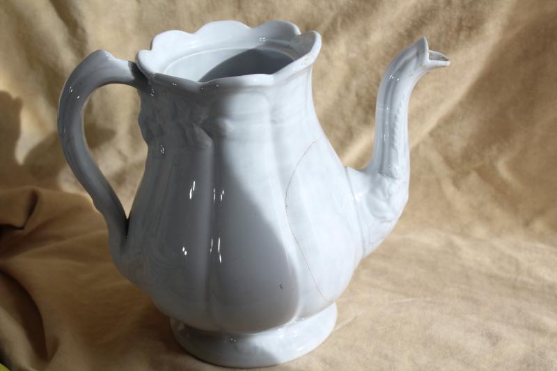 shabby antique white china teapot, wheat & bramble berry embossed ironstone