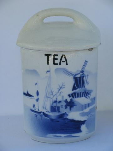 shabby blue & white china, antique kitchen canister coffee & tea jars, vintage Czech
