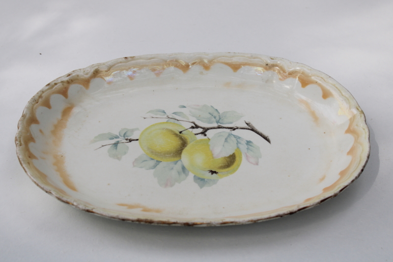shabby browned antique china platter w/ faded yellow apples, rustic vintage fall farmhouse decor