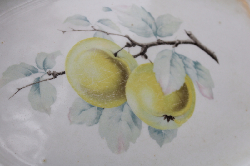shabby browned antique china platter w/ faded yellow apples, rustic vintage fall farmhouse decor