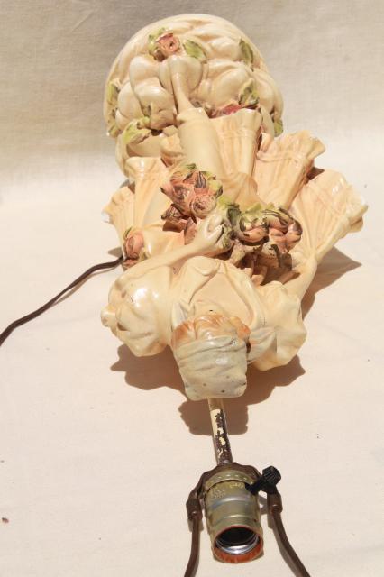 shabby chic vintage chalkware statue table lamp, shepherdess girl w/ flowers