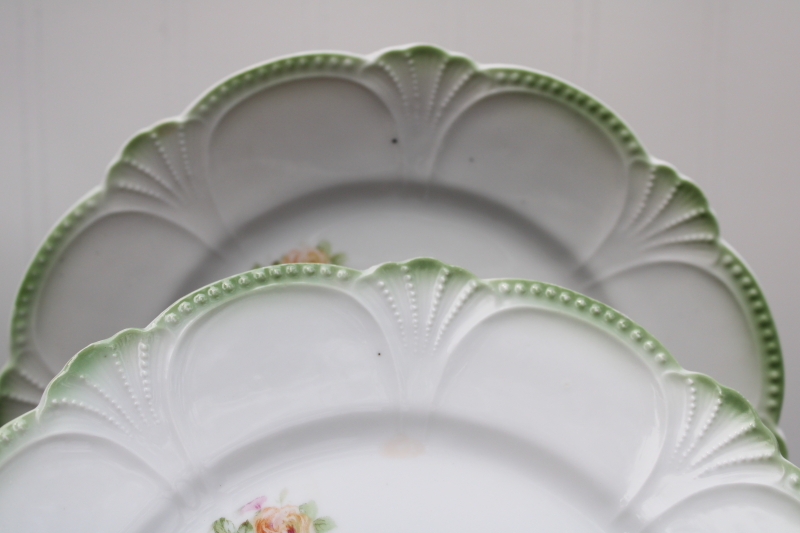 shabby chic vintage floral china dessert plates set, pink  yellow roses w/ green border