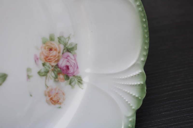 shabby chic vintage floral china dessert plates set, pink  yellow roses w/ green border