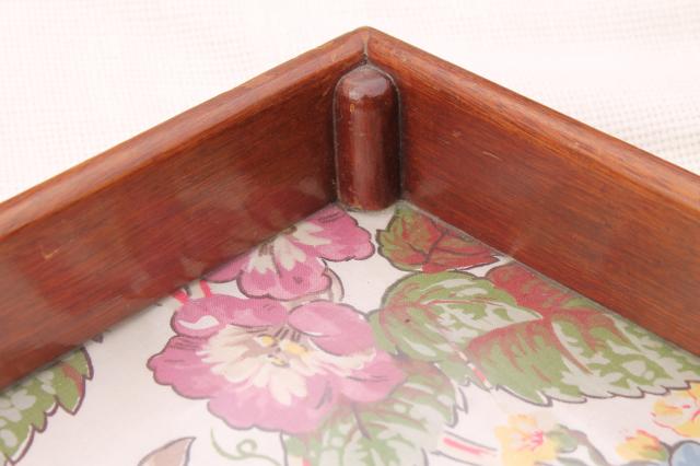 shabby chic vintage print cloth serving tray w/ wood box frame & sturdy handles