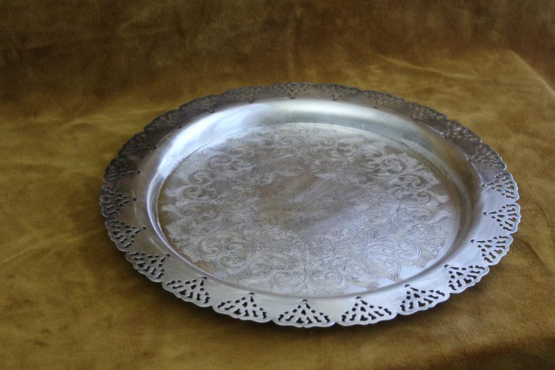 shabby chic vintage silver plate serving tray, pierced lace edge border