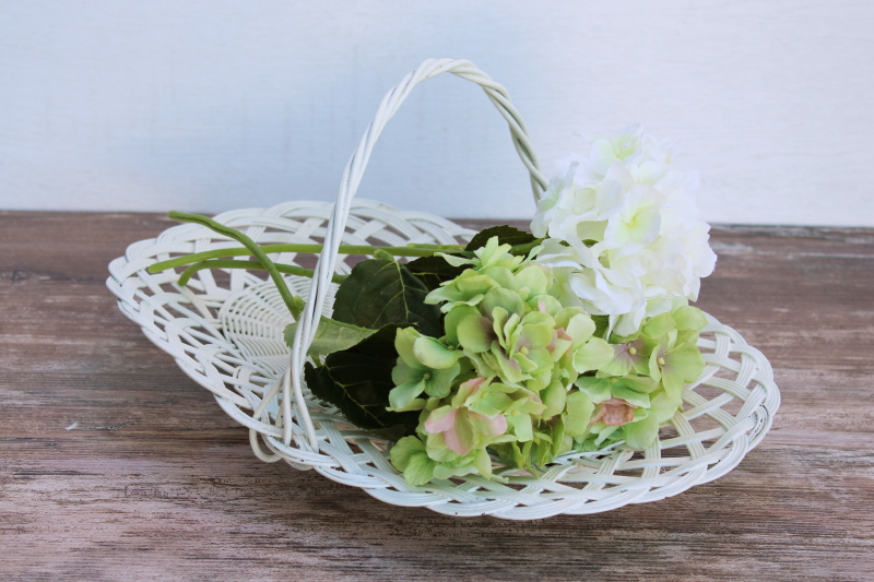 shabby chic vintage white wicker flower basket, flat trug strewing basket w/ handle