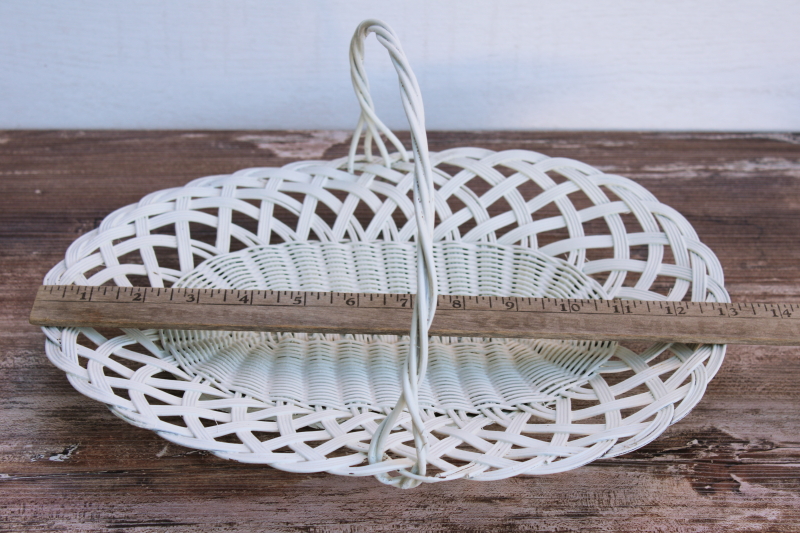 shabby chic vintage white wicker flower basket, flat trug strewing basket w/ handle