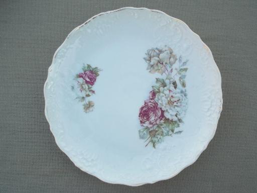 shabby cottage chic old cabbage rose floral china plates, vintage Germany