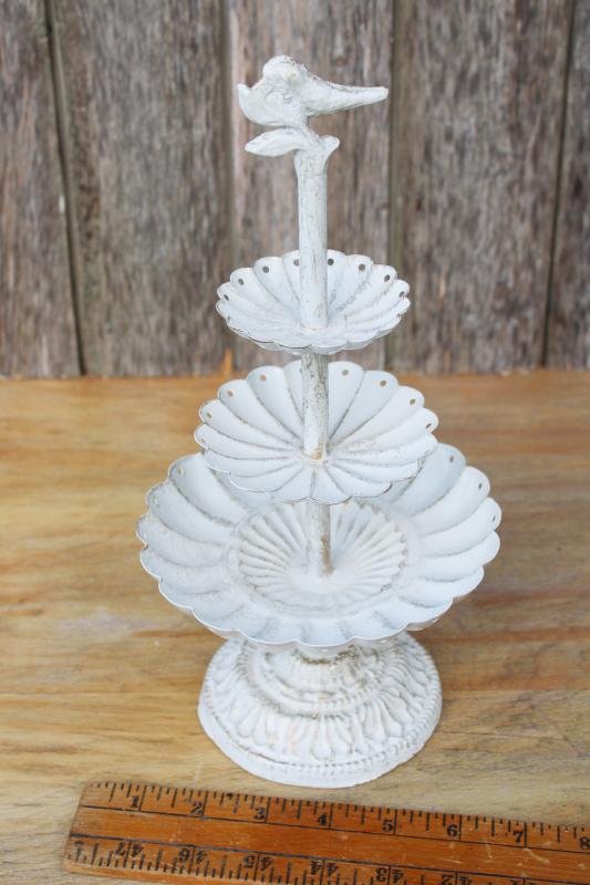shabby cottage chic tiered tray jewelry stand, earrings holder metal trays w/ rings etc.