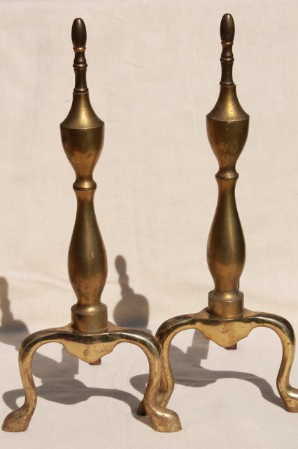 shabby cottage chic vintage fireplace andirons, solid brass w/ rustic patina