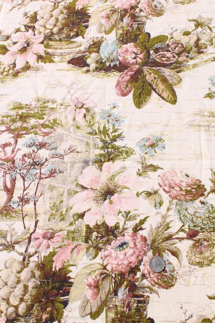 shabby cottage chic vintage floral print rayon barkcloth curtain panels & fabric