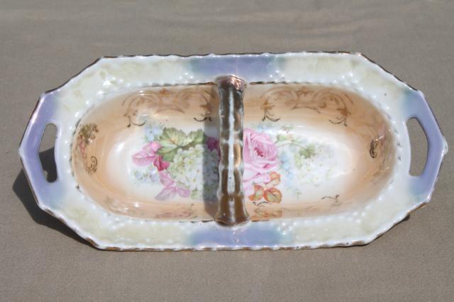 shabby cottage china flower basket dish w/ cabbage roses & hydrangeas floral