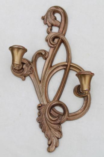 shabby gold rococo candle sconces, vintage Syroco wood wall sconce set