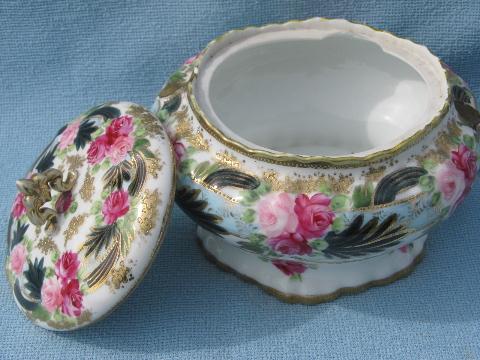 shabby old Hand Painted Nippon rose bowl, pink roses, encrusted gold