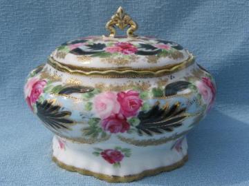 shabby old Hand Painted Nippon rose bowl, pink roses, encrusted gold