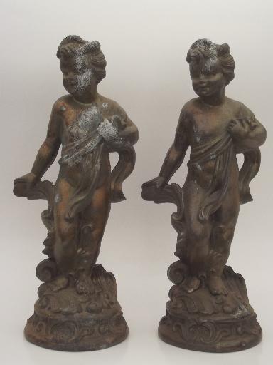 shabby old cast metal cherub angel figures, antique bronze lamp base statues 