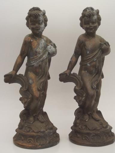 shabby old cast metal cherub angel figures, antique bronze lamp base statues 