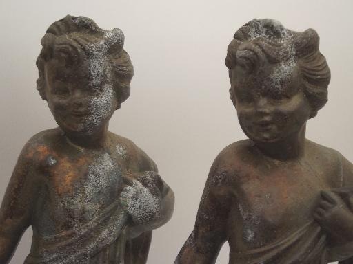 shabby old cast metal cherub angel figures, antique bronze lamp base statues 