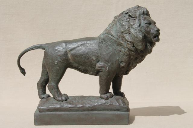 shabby old chalkware lion, plaster figure faux bronze classical statue