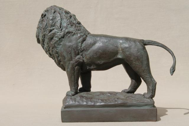 shabby old chalkware lion, plaster figure faux bronze classical statue