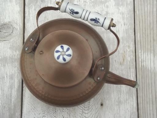 shabby old copper teakettle, tea kettle pot w/ blue & white china handle